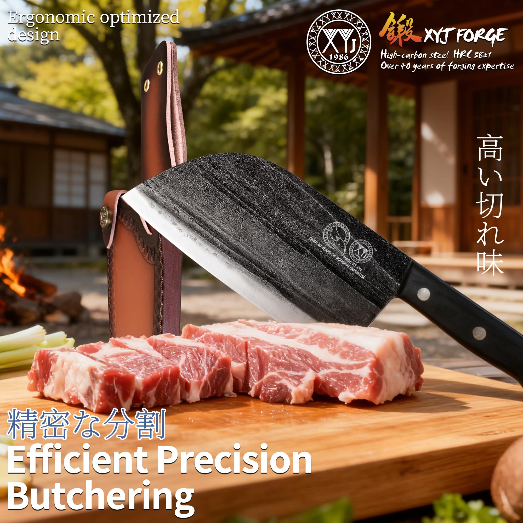 XYJ knife in outdoor kitchen setup demonstrating portability and performance