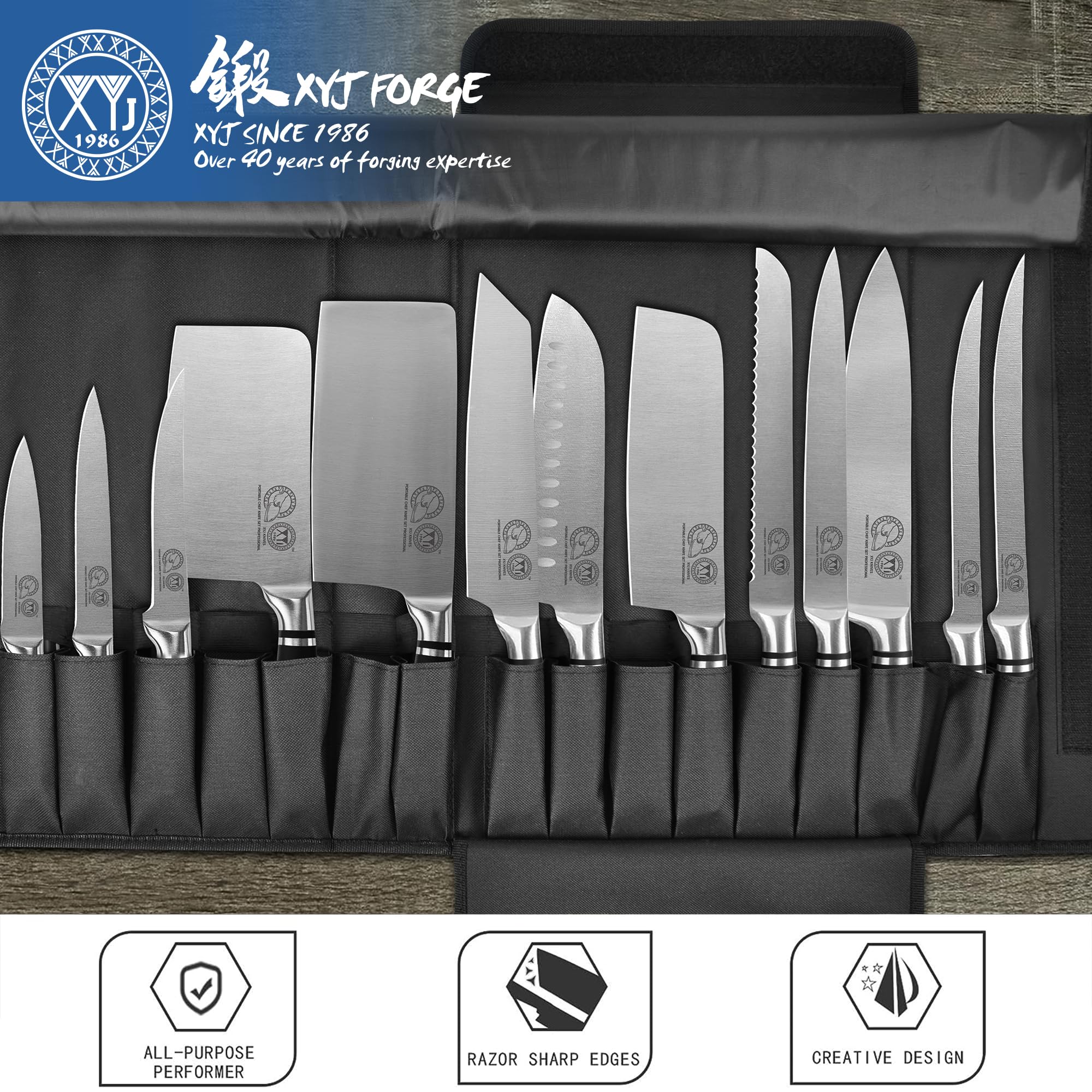 XYJ roll bag opened to reveal 13 pockets for secure, portable knife storage