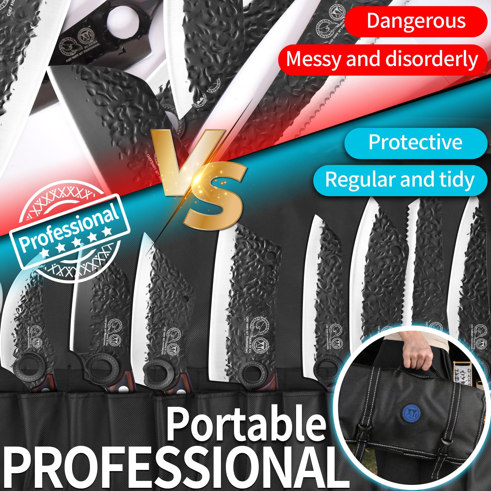 XYJ knives next to common kitchen items demonstrating compact size and balance