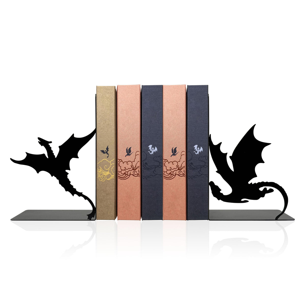 Xyverart front view of paired dragon bookends showing matte finish and balance benefit
