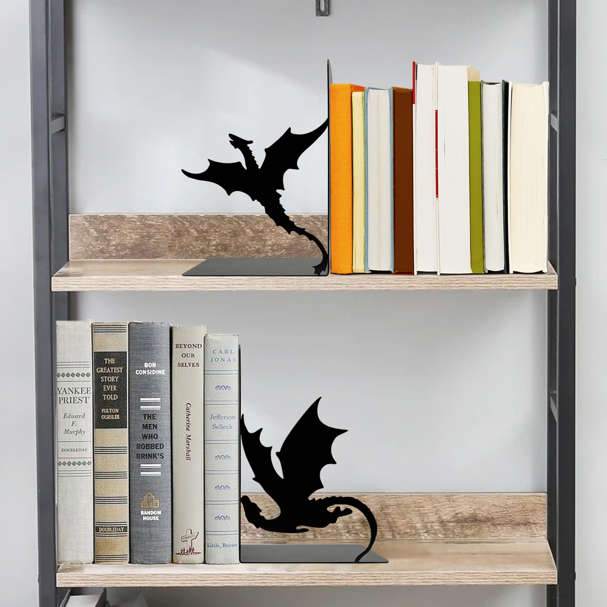 Xyverart bookends in-use on a shelf organizing hardcover and paperback books