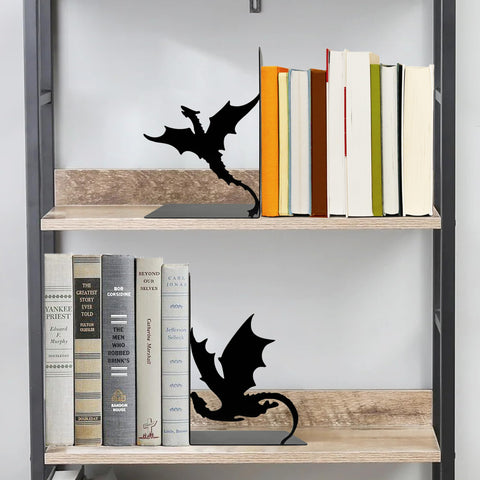 Xyverart bookends in-use on a shelf organizing hardcover and paperback books