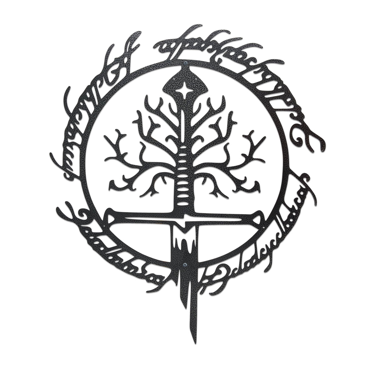 Xyverart front view of rings and sword wall art, dramatic focal point