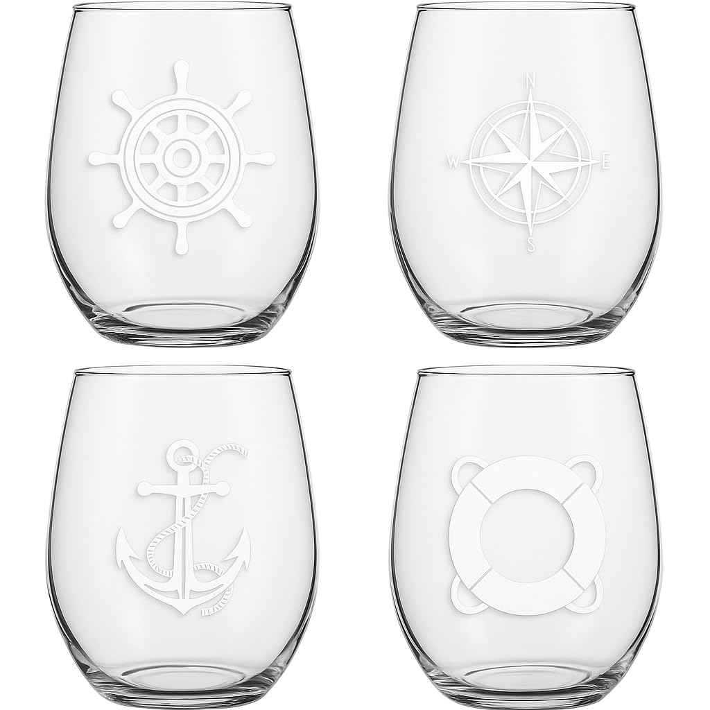 XYZ Boat Supplies front packaging showing four nautical stemless glasses, durable and travel-ready