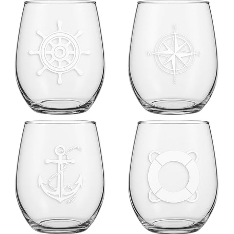 XYZ Boat Supplies front packaging showing four nautical stemless glasses, durable and travel-ready