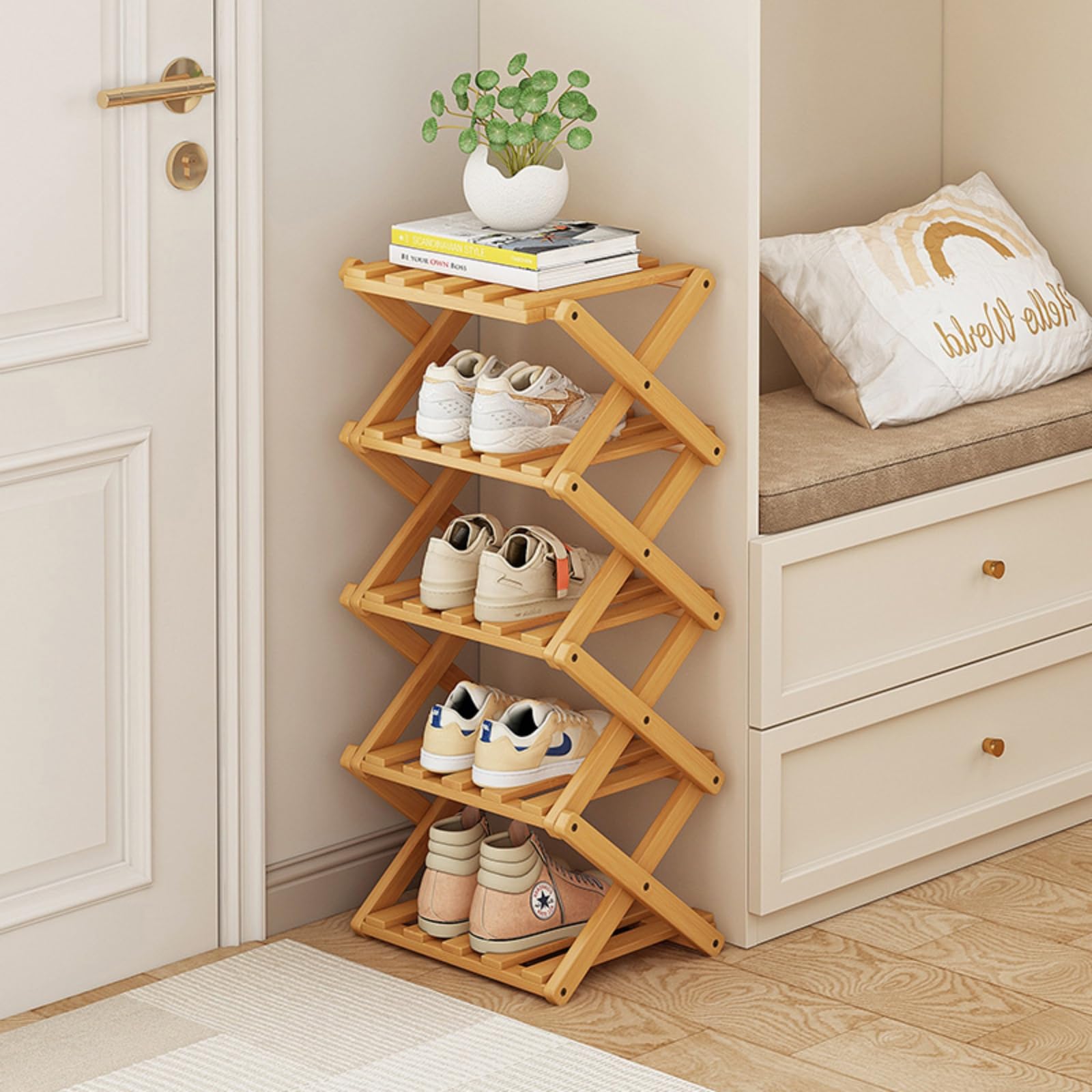 XZXWZX front view of 5-tier bamboo shoe rack showing organized footwear and neat storage benefit