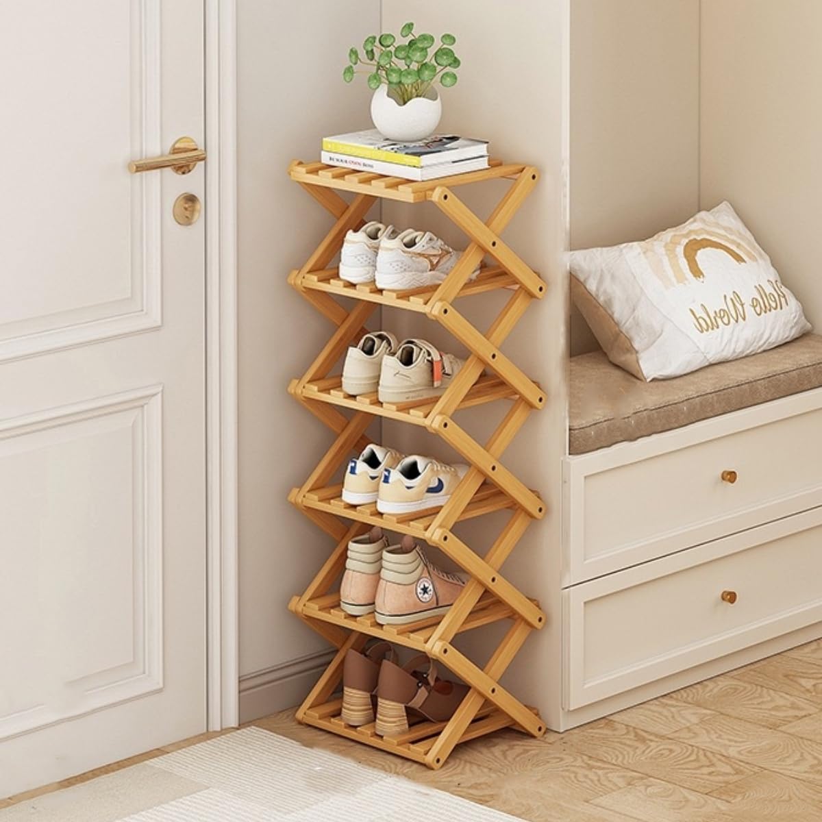 XZXWZX front view of 6-tier bamboo rack showing neat shoe storage benefit