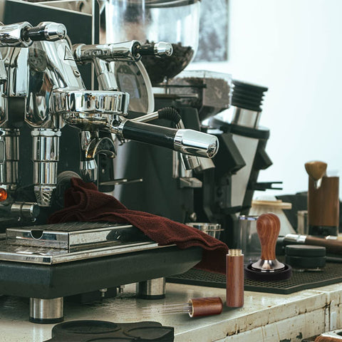 Y-Step complete 23-piece kit on countertop for streamlined home espresso setup