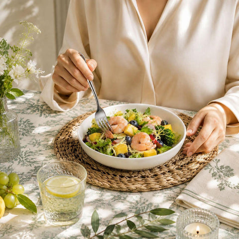 Y YHY composed salad in bowl styled on table showing presentation benefit
