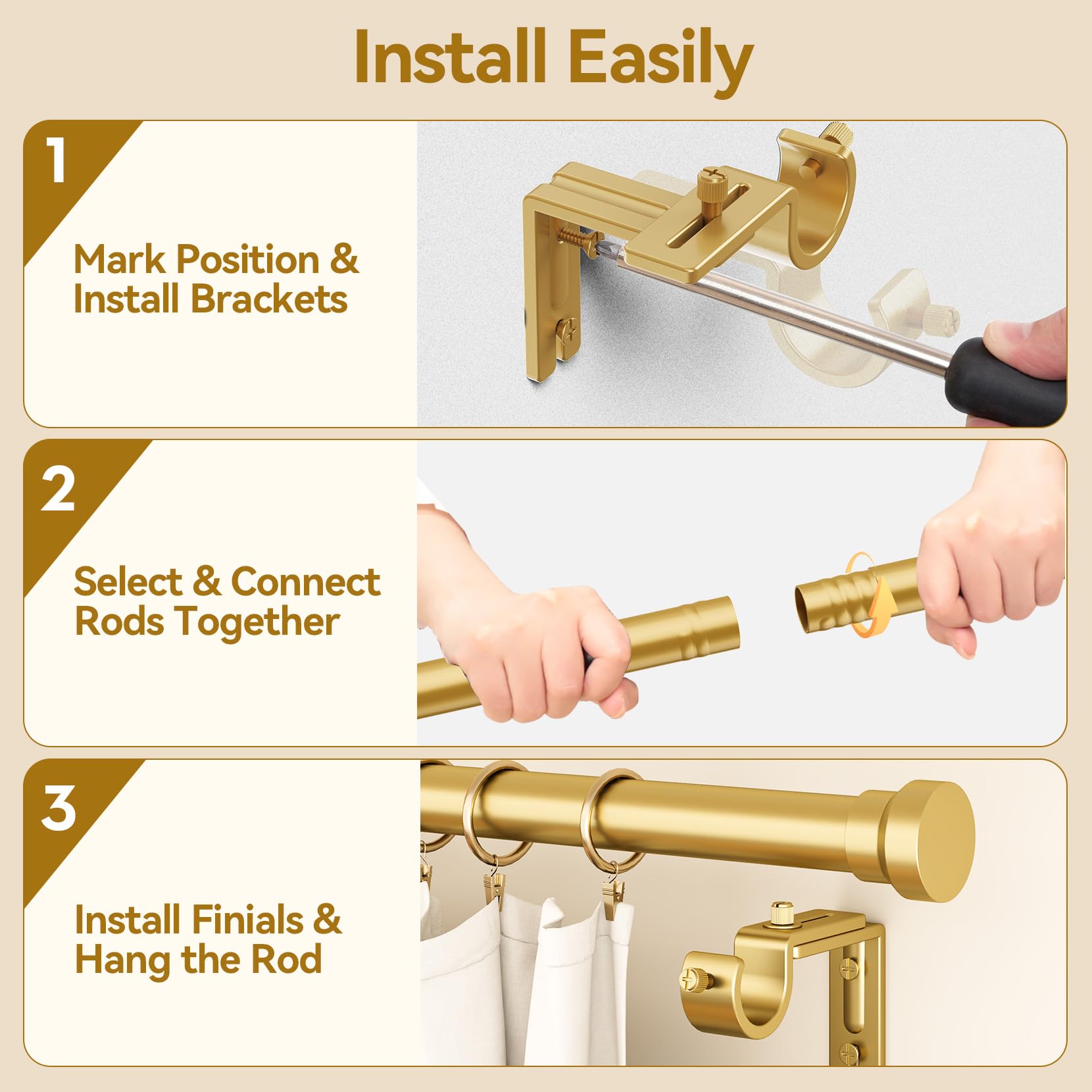 YaFex installed in living room scene showing polished gold rod enhancing interior