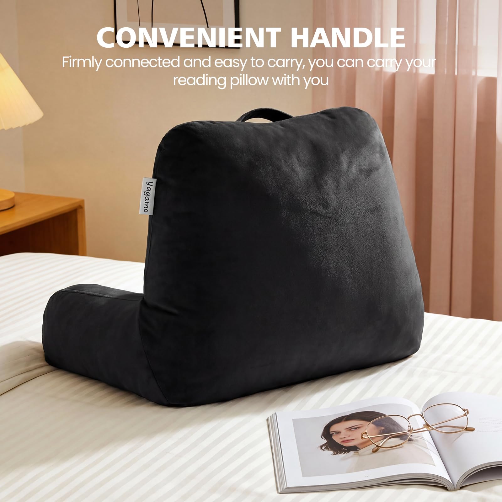 Yagamo in-use reading in bed showing upright support and posture