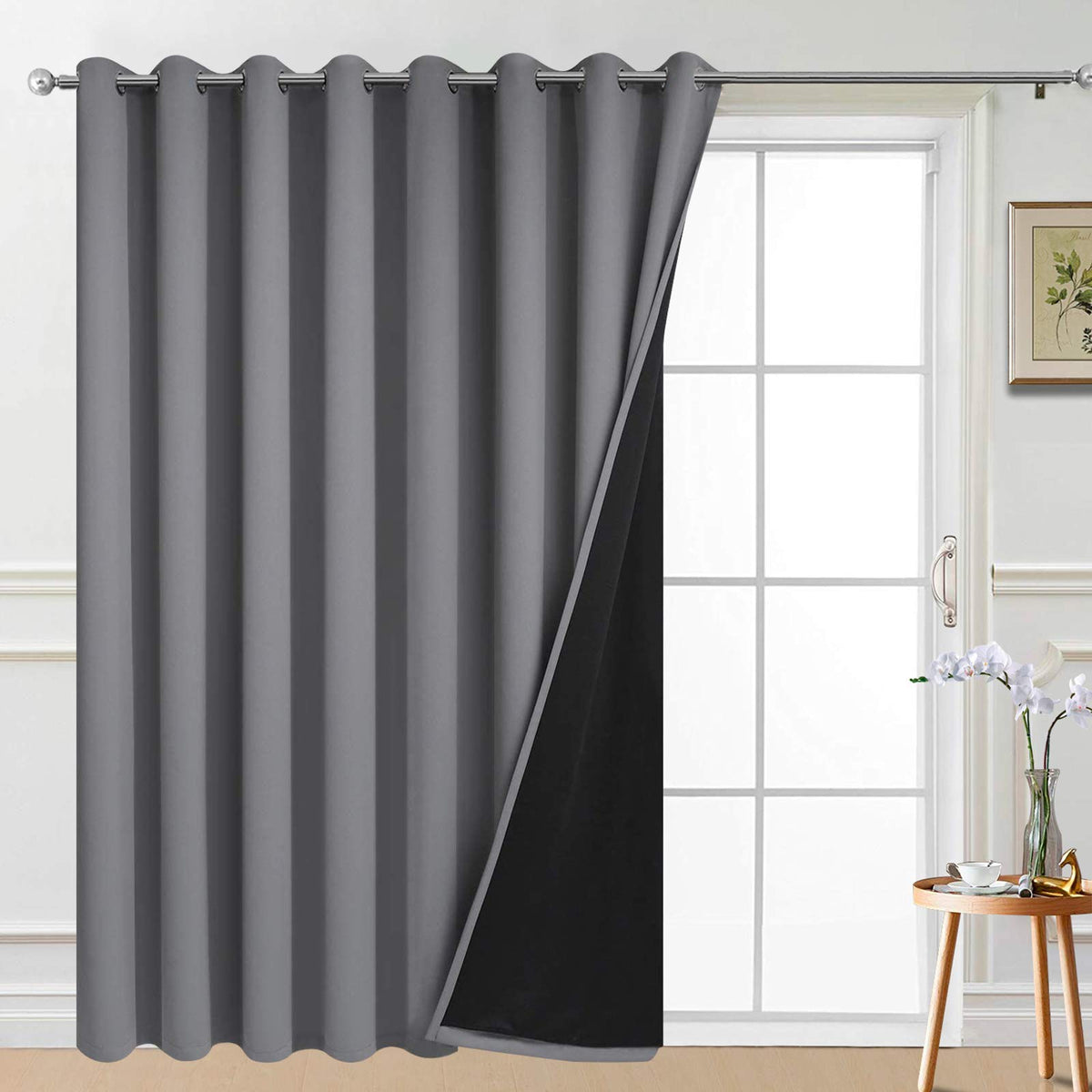 Yakamok front panel full length showing clean grey drape and smooth fall for privacy