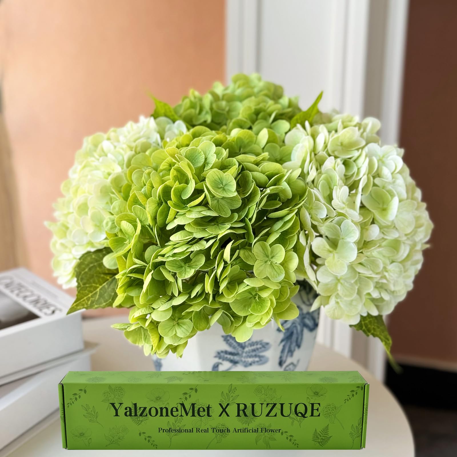 YalzoneMet front view showing four lifelike hydrangea stems and full heads