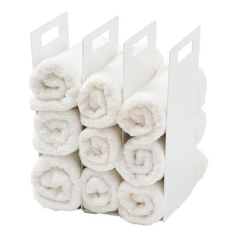 YAMAZAKI front view of tower divider showing tidy towel organization and stability