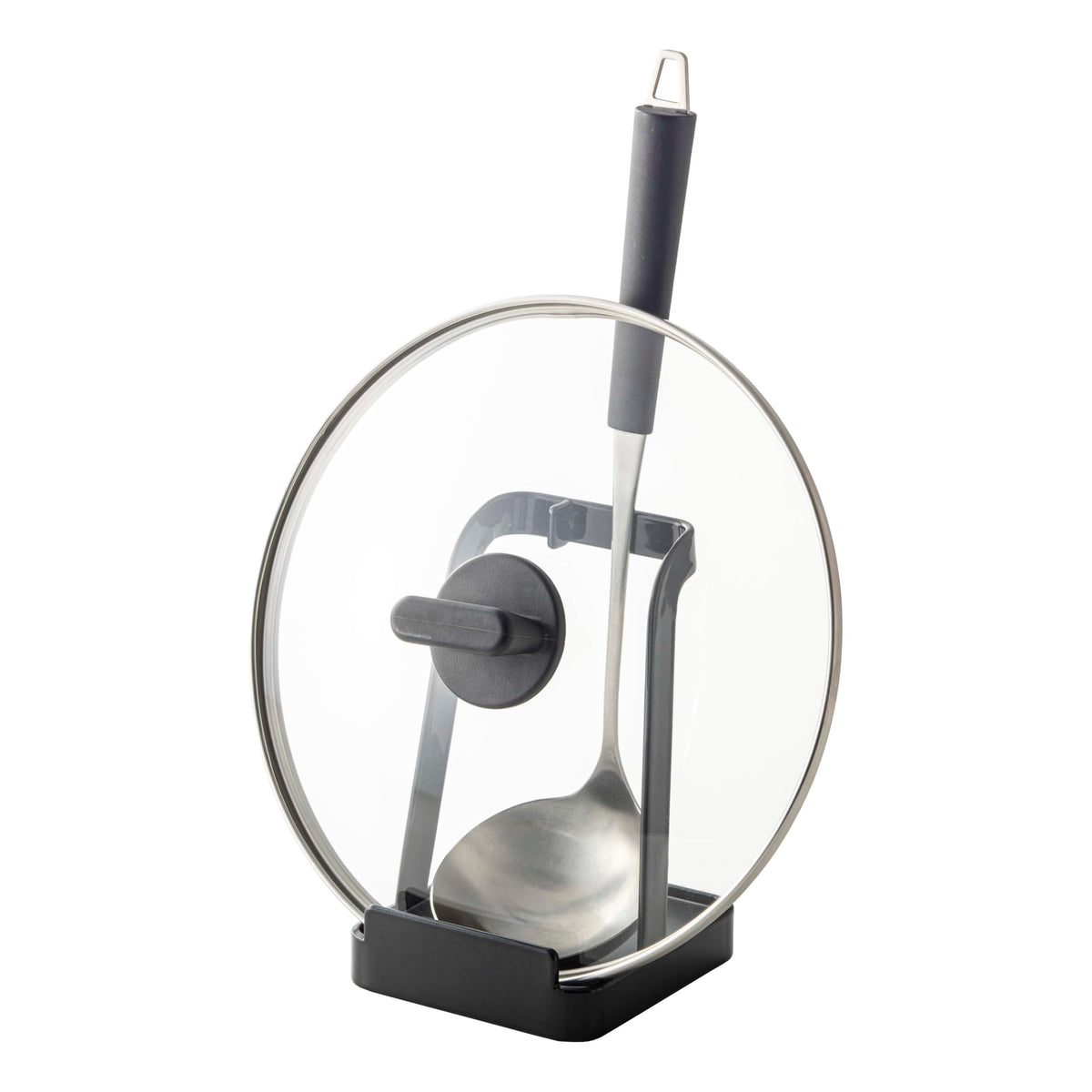 YAMAZAKI front view showing slim ladle and lid stand for tidy counters