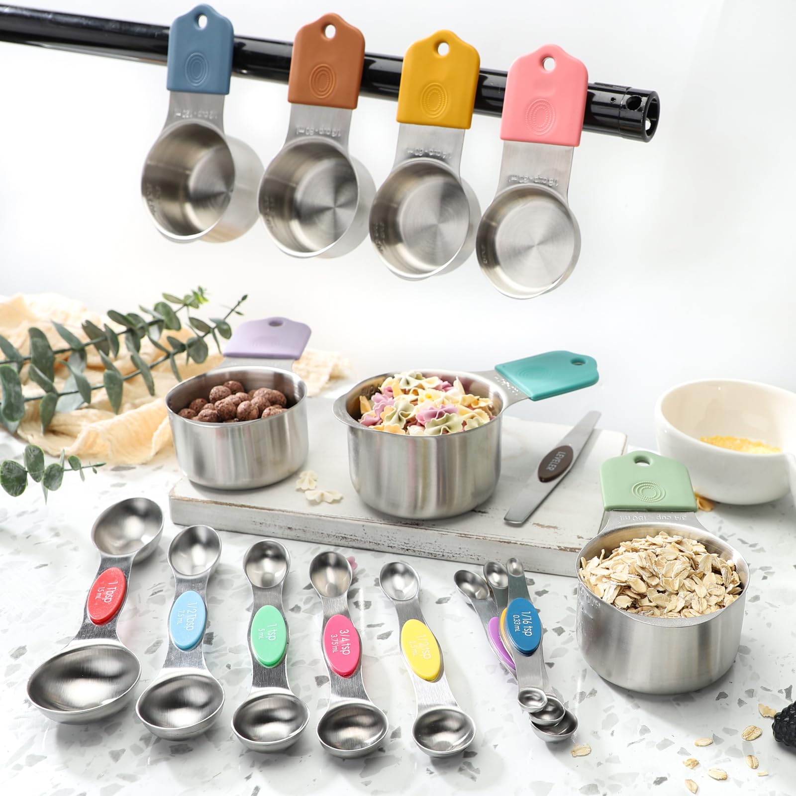YAMOLIN cups and spoons beside ruler to show compact size and scale