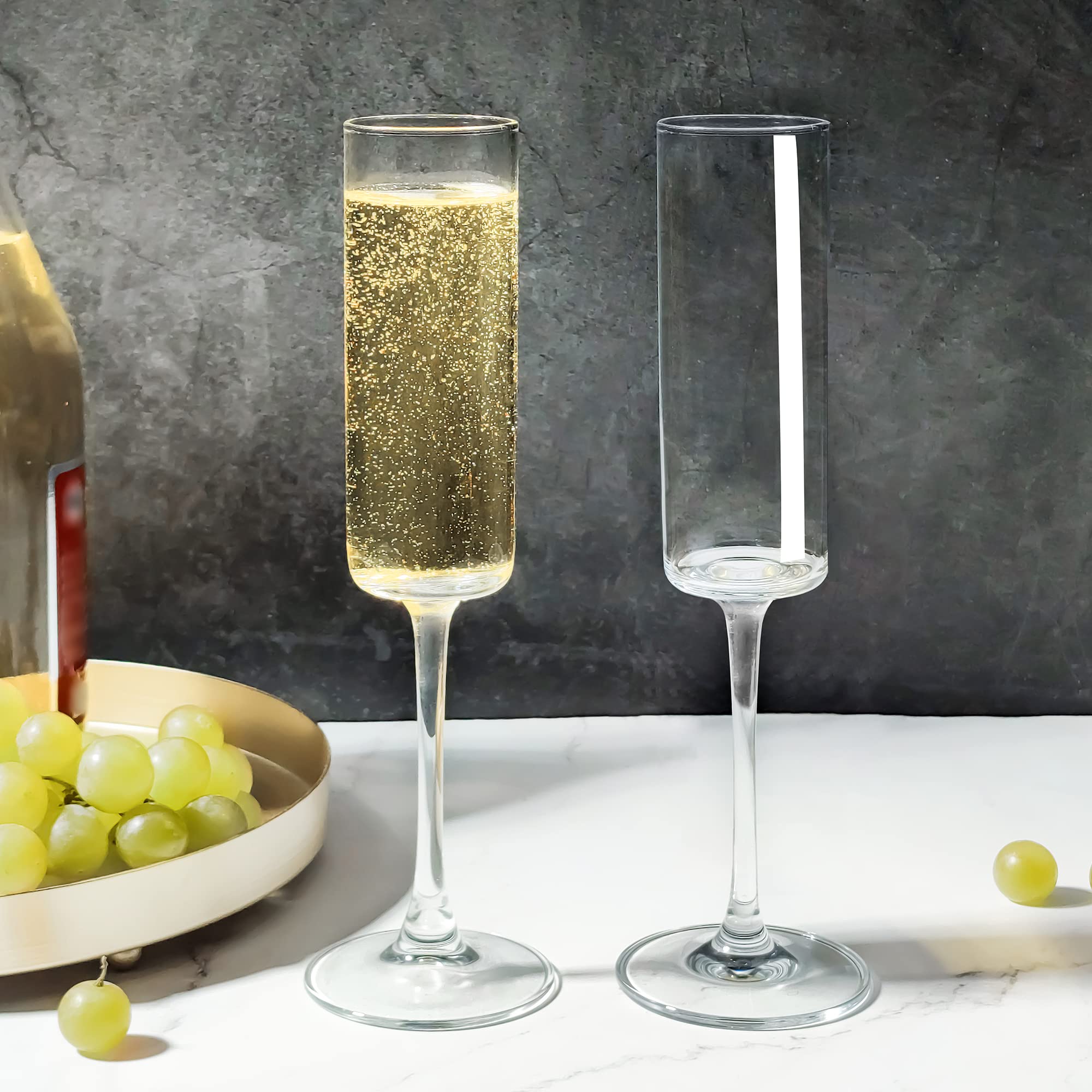 YANGNAY flute beside measuring scale showing 6 oz capacity for controlled pours
