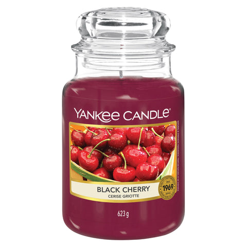 Yankee Candle black cherry front packaging shows jar and rich scent for décor