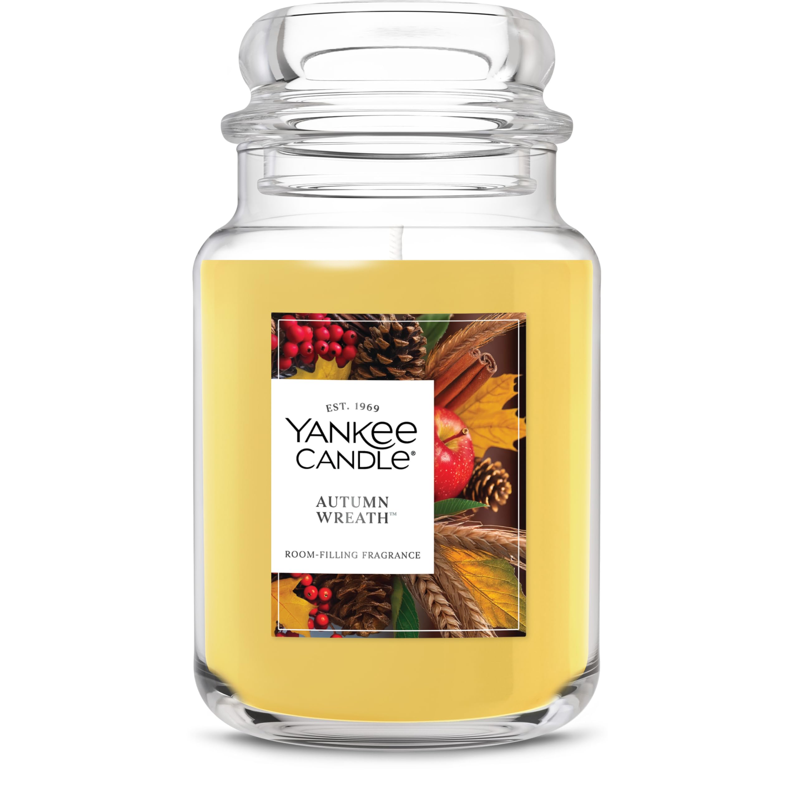 Yankee Candle Autumn Wreath front jar showing label and autumn styling benefit: instant seasonal centerpiece