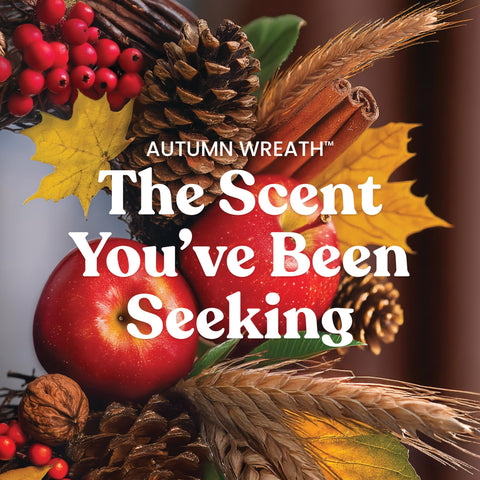 Yankee Candle Autumn Wreath label close-up showing scent name and design benefit: clear gifting detail