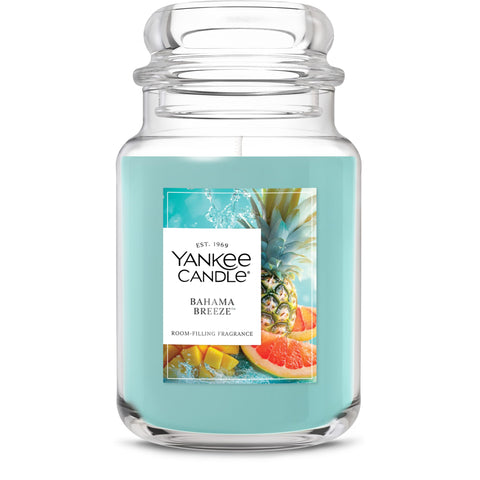 Yankee Candle Bahama Breeze front jar view shows tropical scent and long burn