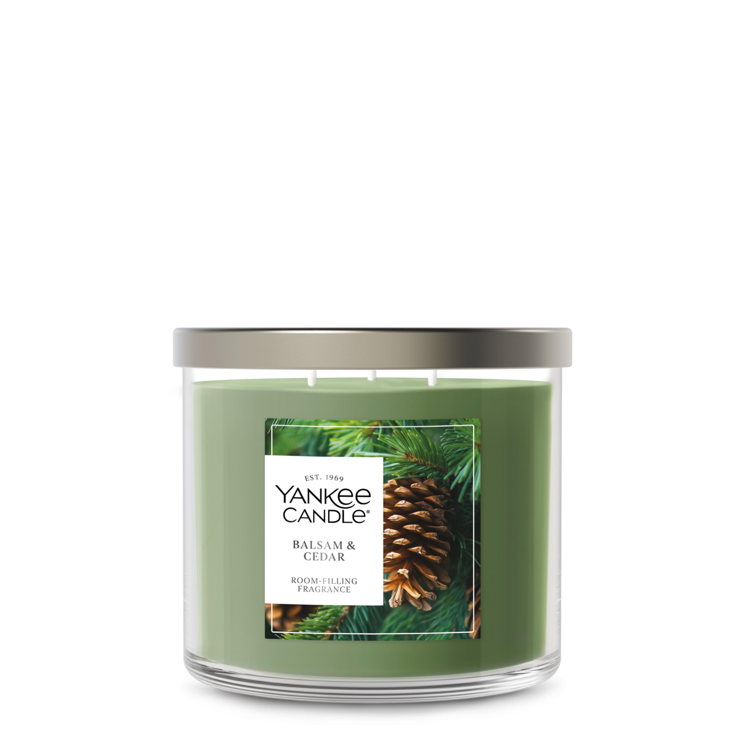 Yankee Candle Balsam and Cedar front jar view showing holiday-ready design and scent
