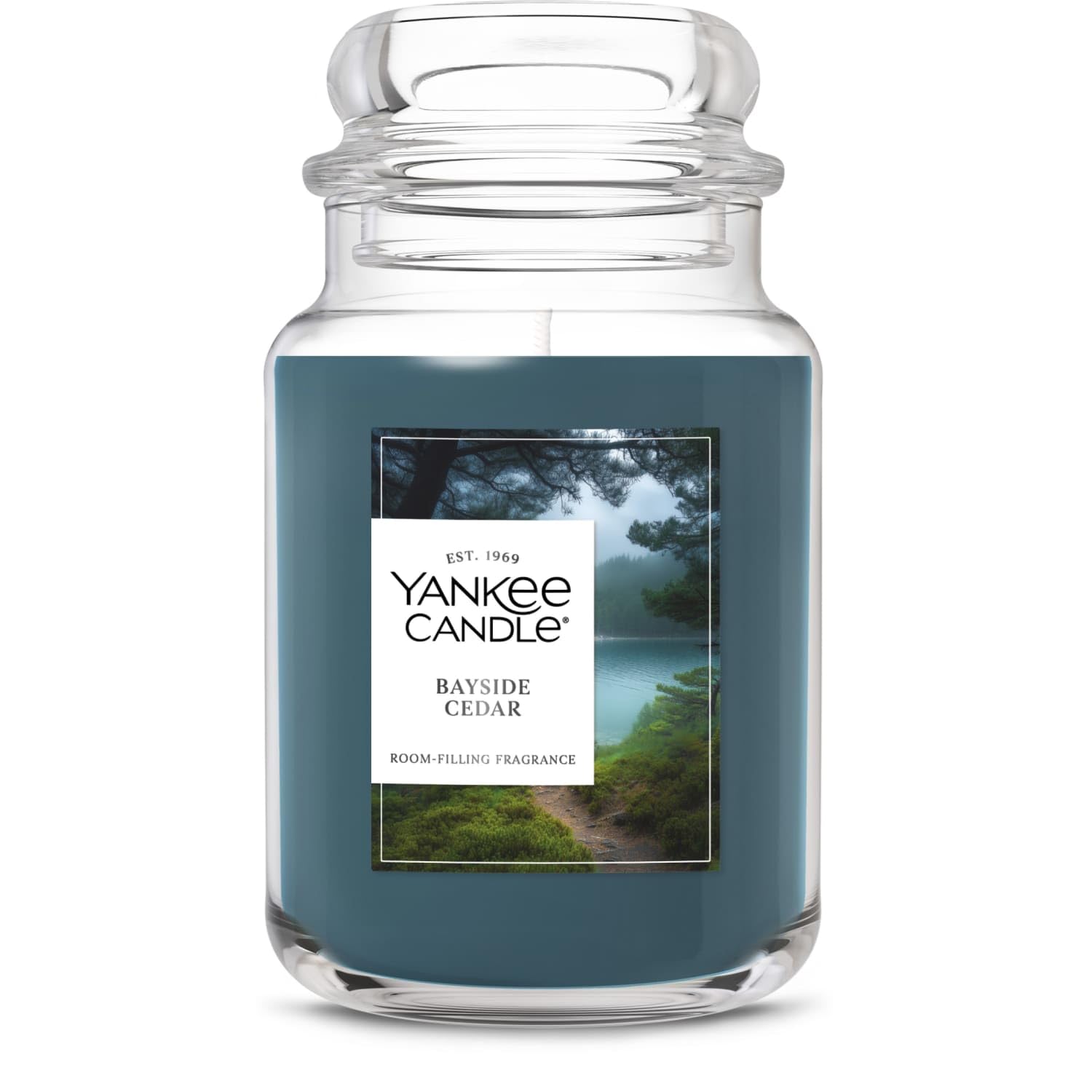 Yankee Candle Bayside Cedar front jar showing clean design and long burn benefit