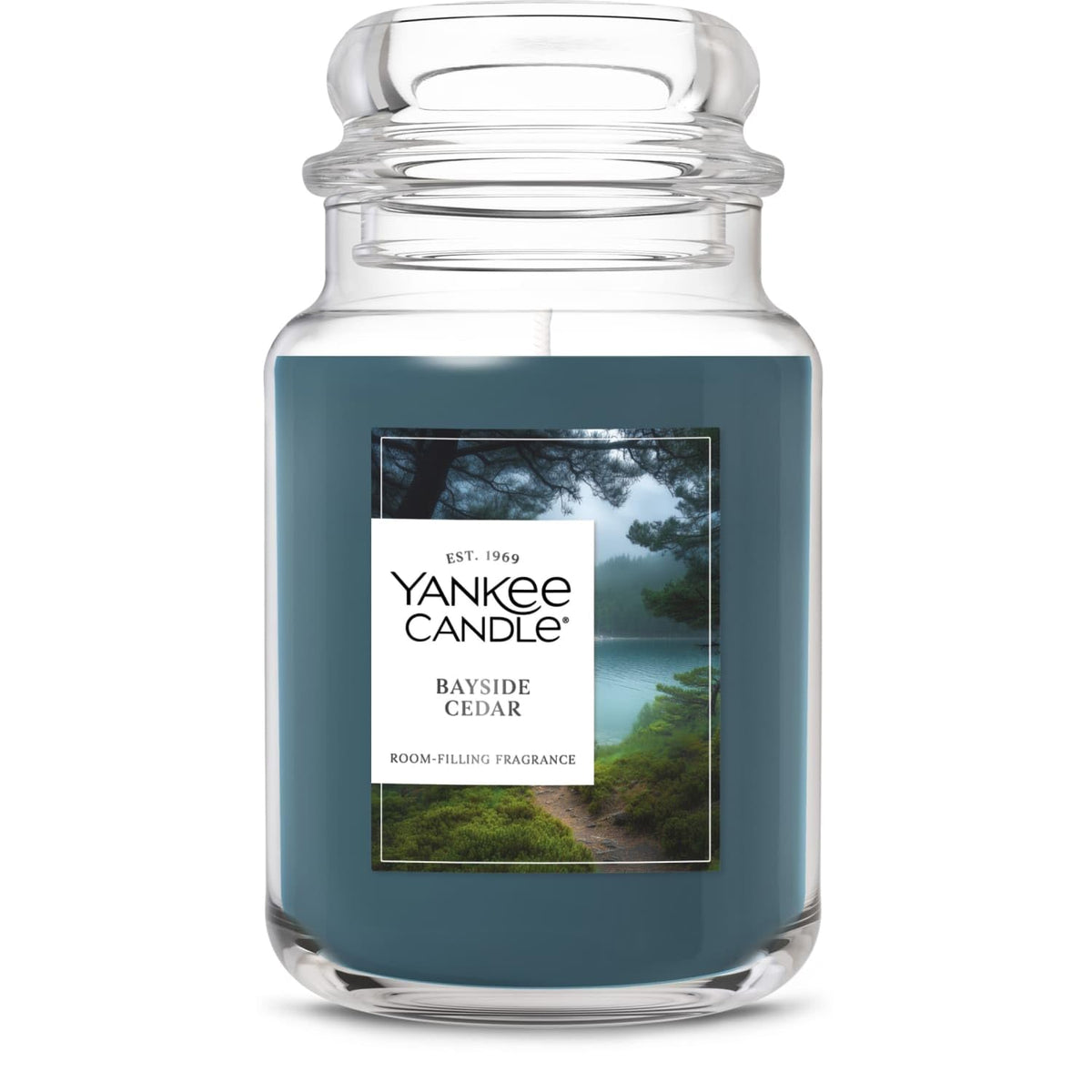 Yankee Candle Bayside Cedar front jar showing clean design and long burn benefit