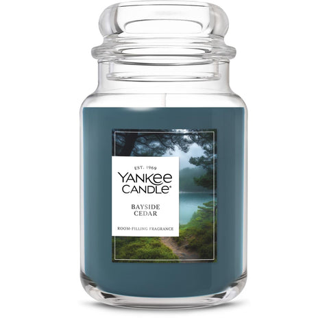 Yankee Candle Bayside Cedar front jar showing clean design and long burn benefit