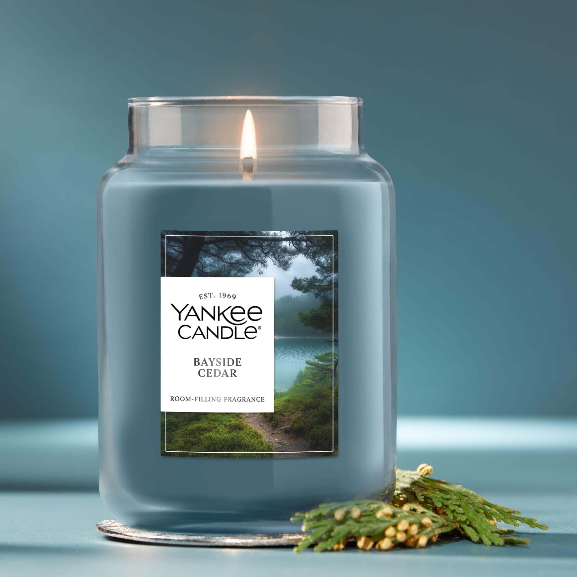 Yankee Candle Bayside Cedar lit in a living room emitting steady, room-filling fragrance