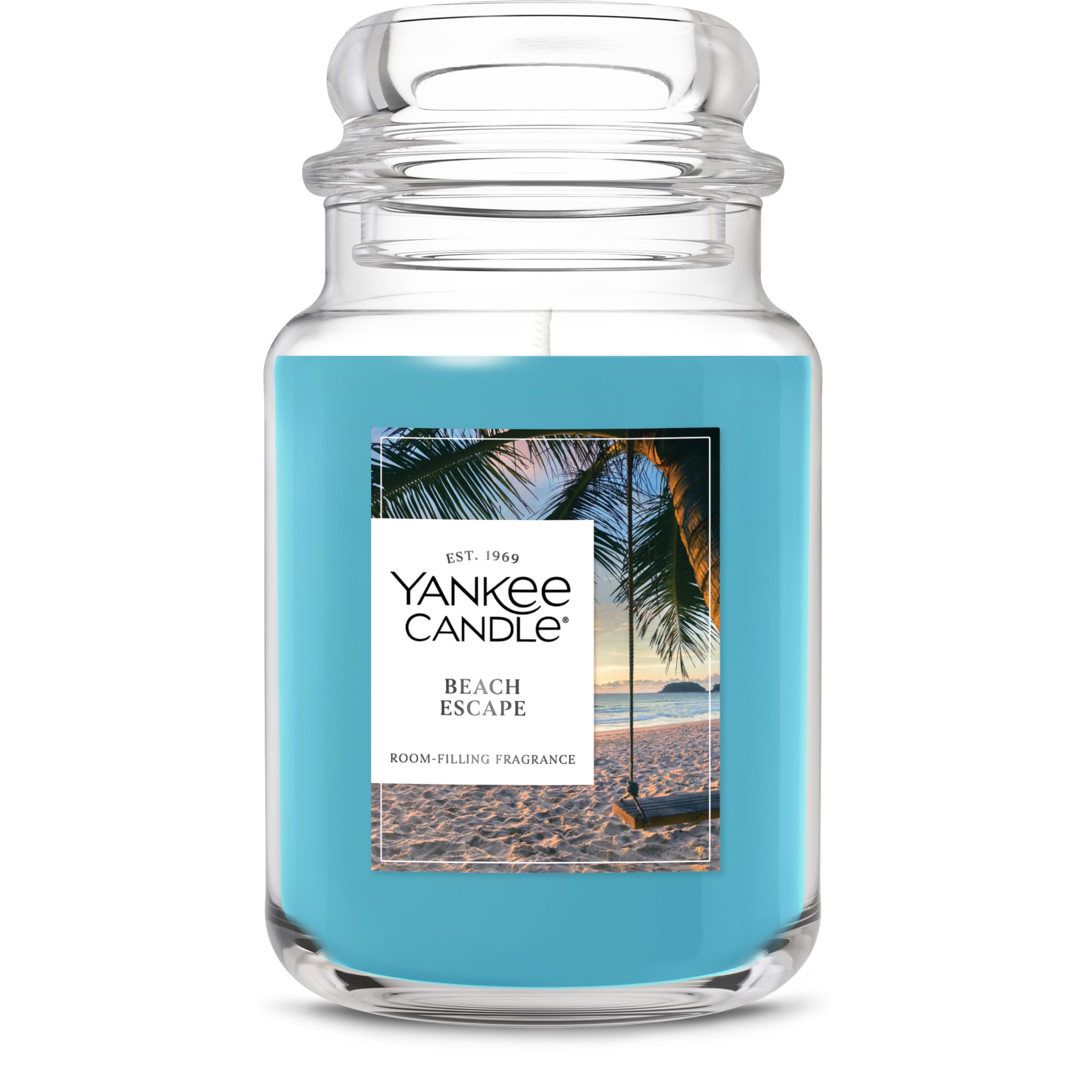 Yankee Candle front packaging showing Beach Escape and long-lasting scent benefit