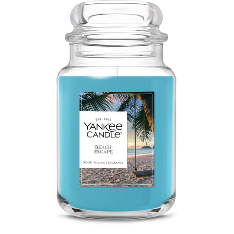 Yankee Candle front packaging showing Beach Escape and long-lasting scent benefit