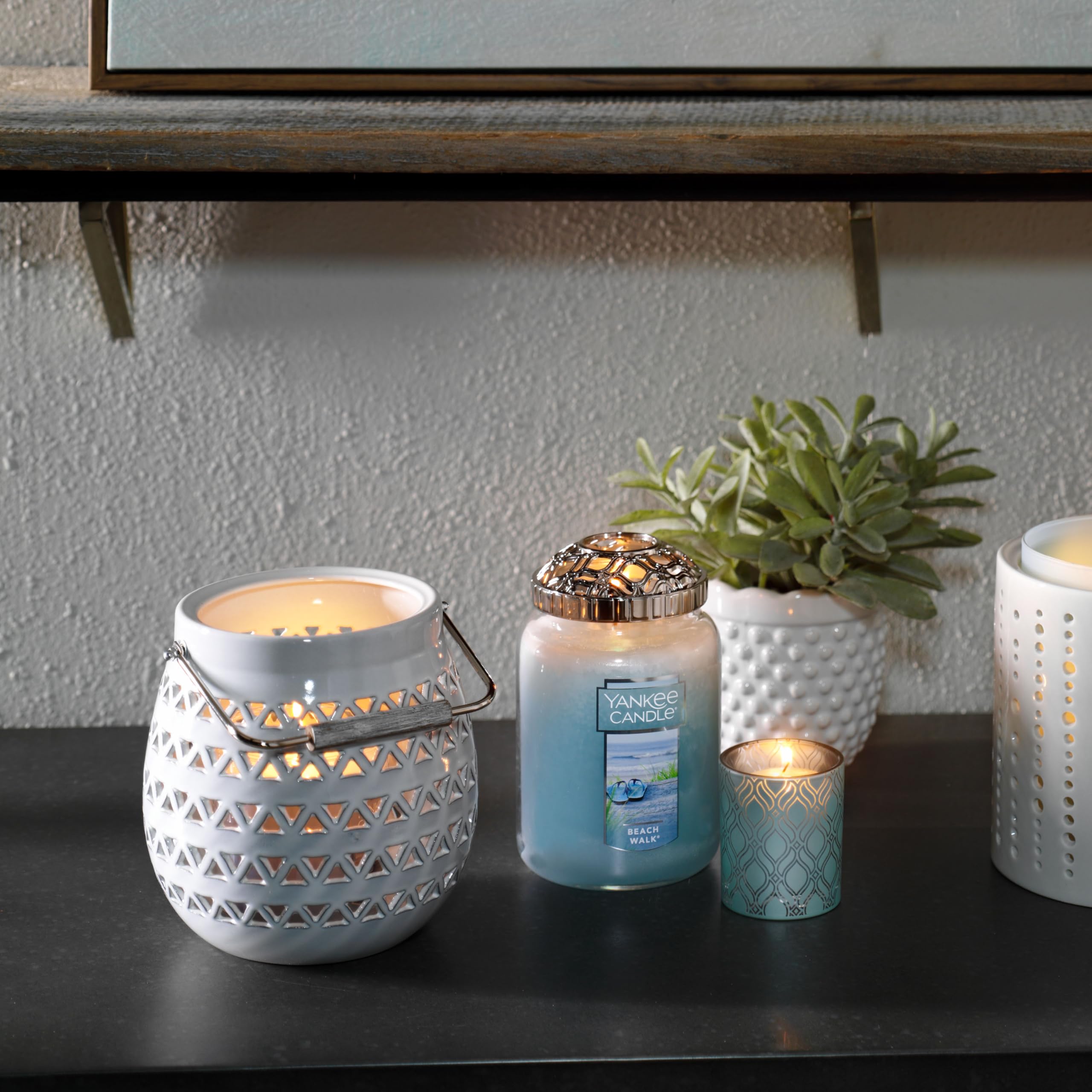 Yankee Candle on bathroom shelf adding spa-like Beach Walk aroma