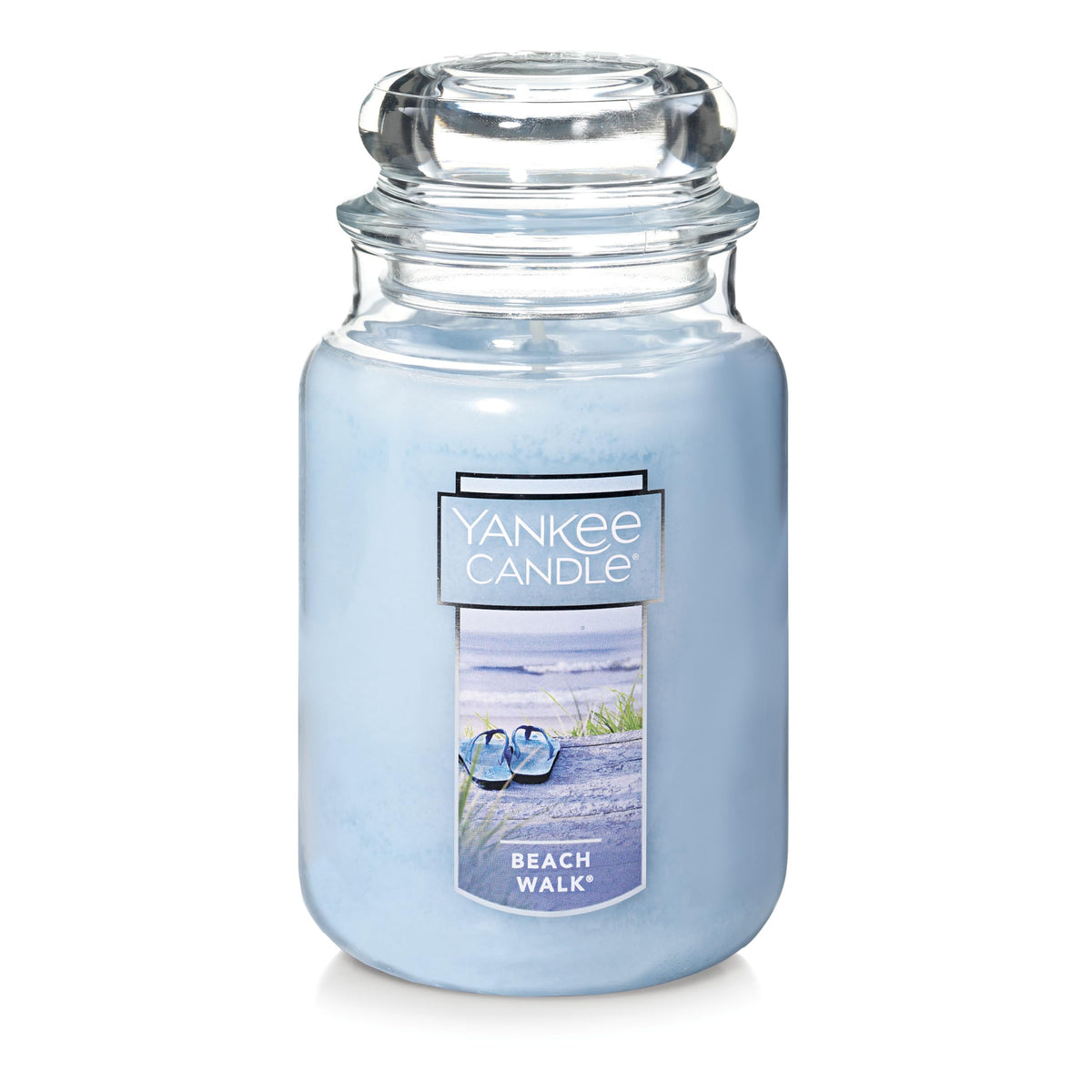 Yankee Candle front jar showing Beach Walk label and welcoming scent