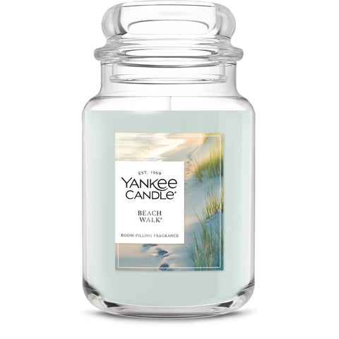 Yankee Candle Beach Walk large jar front view showing coastal label and sturdy glass