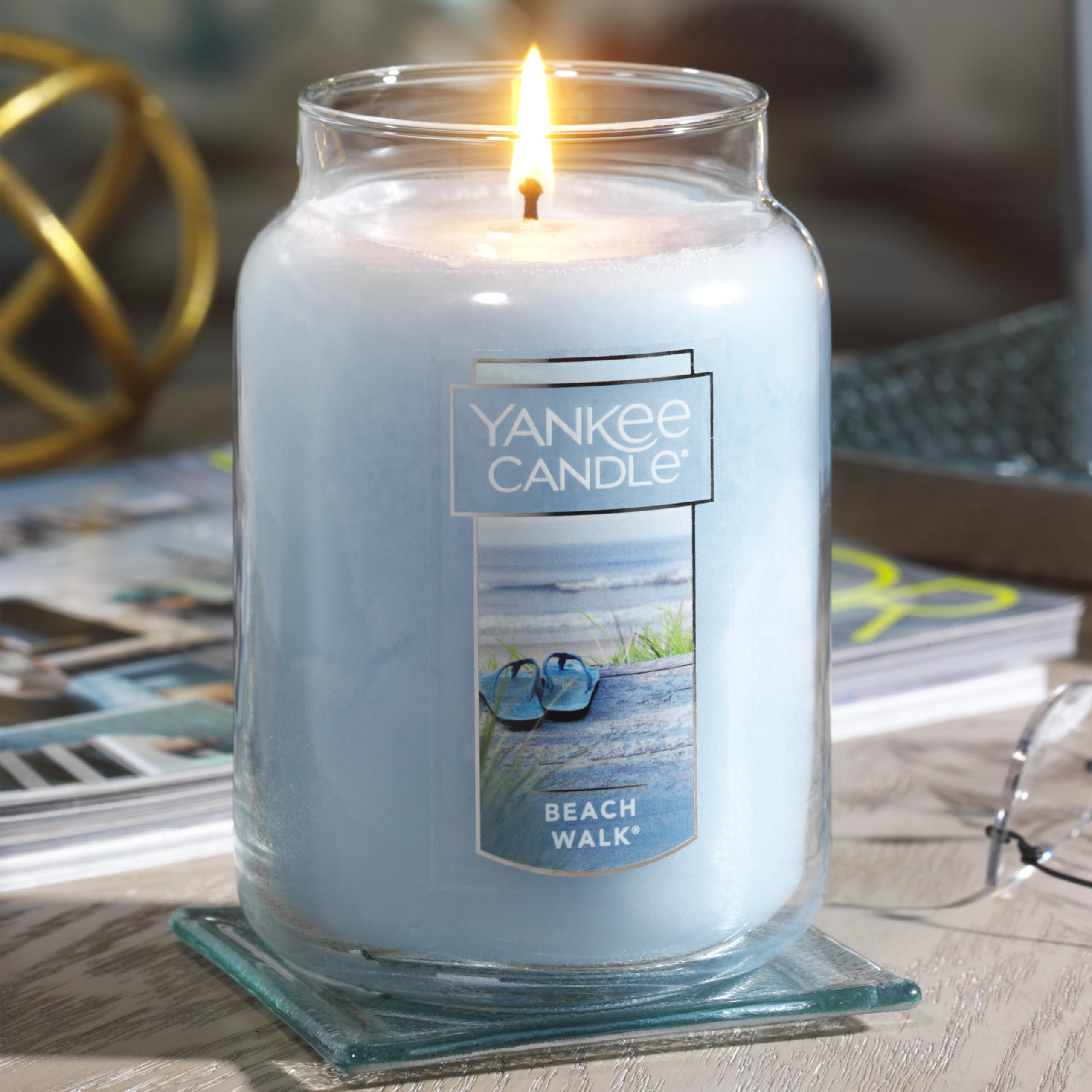 Yankee Candle lid and label close-up highlighting Beach Walk branding