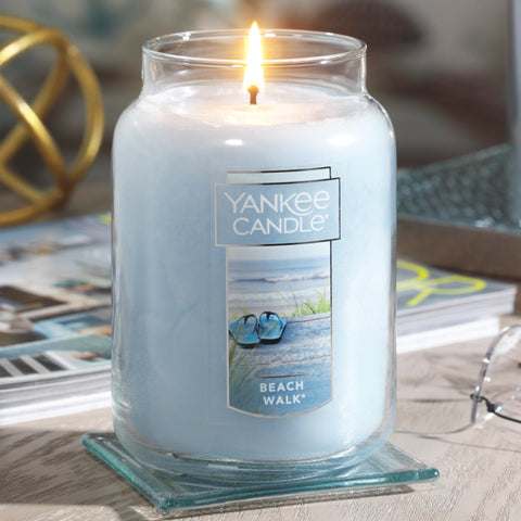 Yankee Candle lid and label close-up highlighting Beach Walk branding