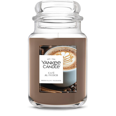 Yankee Candle Café Al Fresco front jar showing scent and long burn benefit
