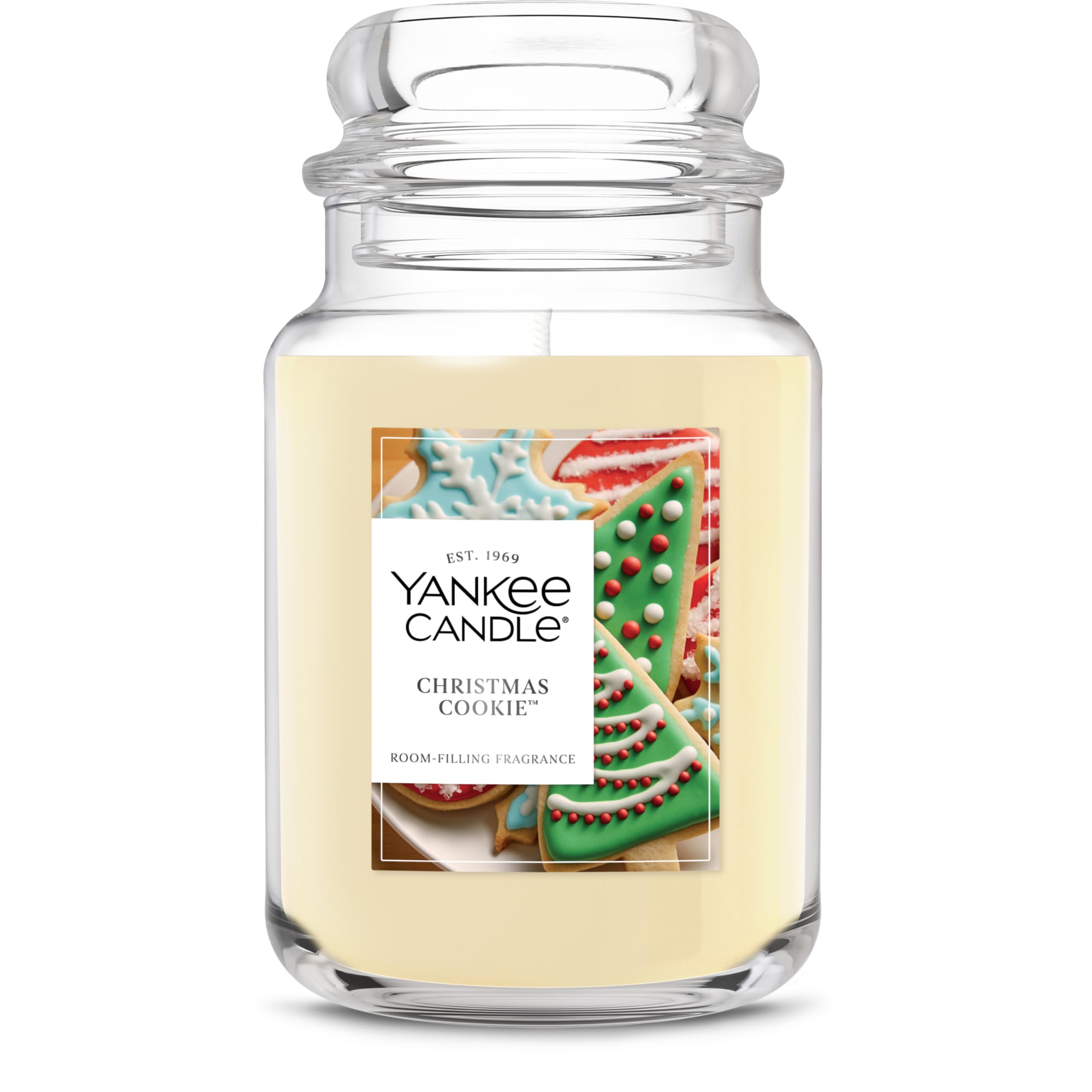 Yankee Candle front jar view showing festive Christmas Cookie scent and large size benefit