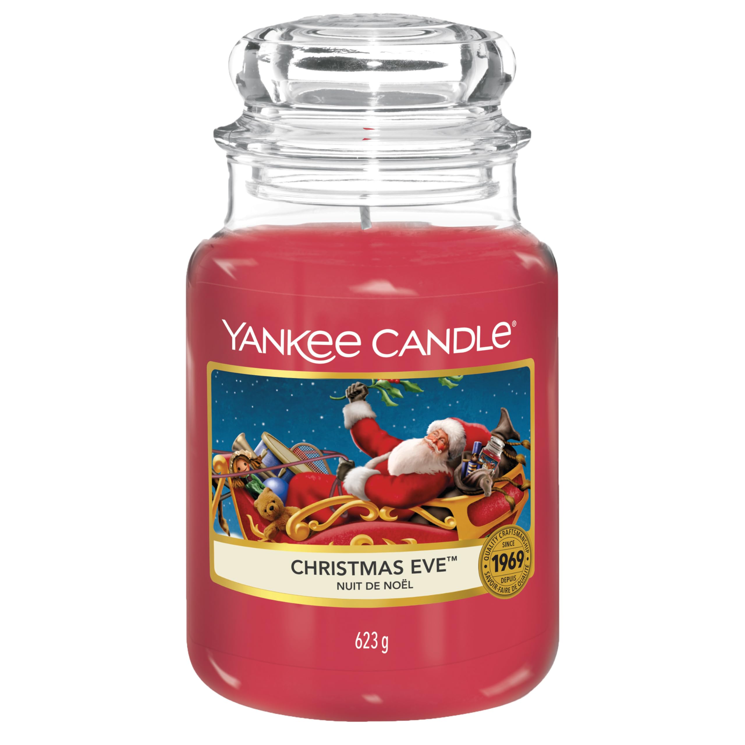 Yankee Candle front packaging showing festive Christmas Eve scent and jar benefit