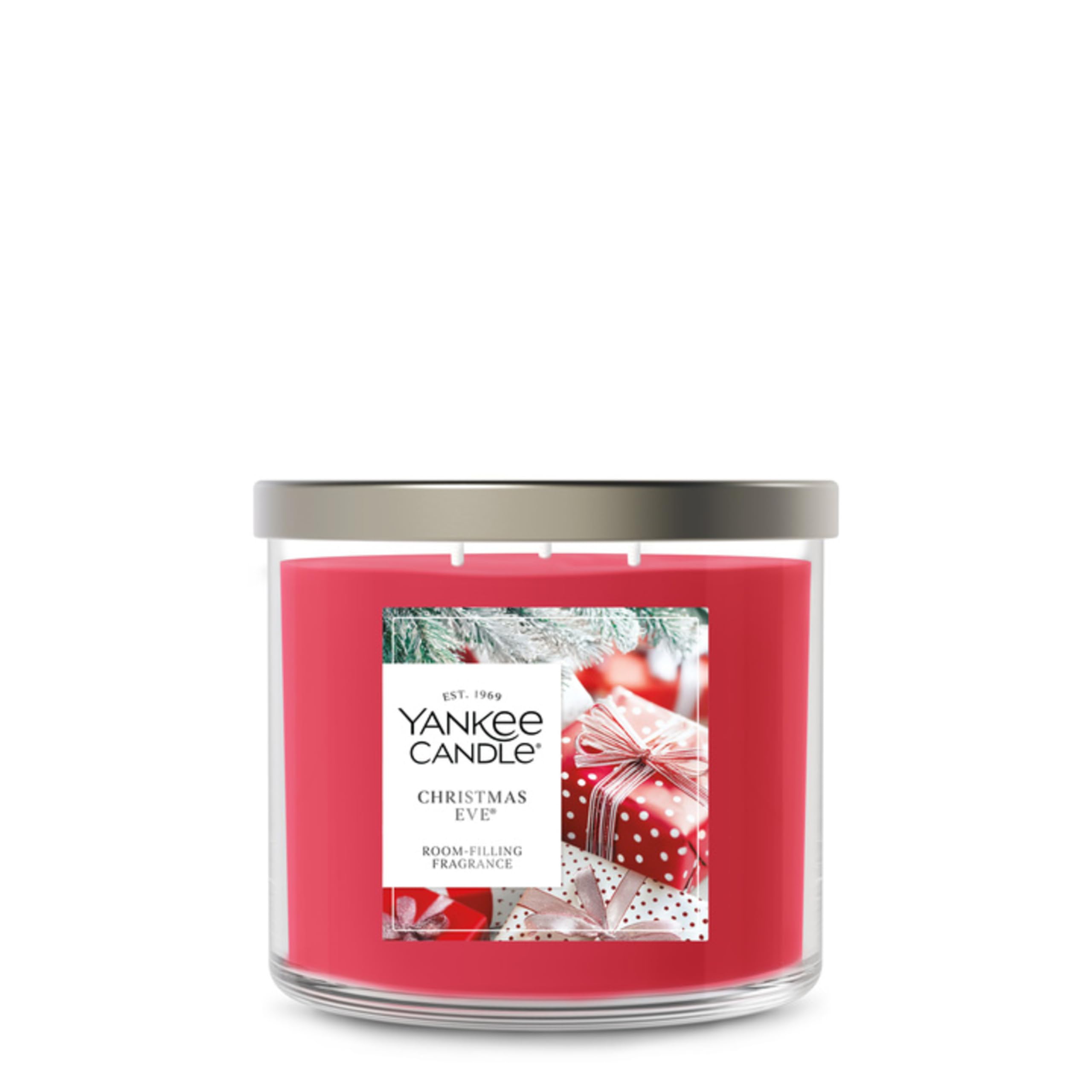 Yankee Candle Christmas Eve front jar view showing festive label and size benefit