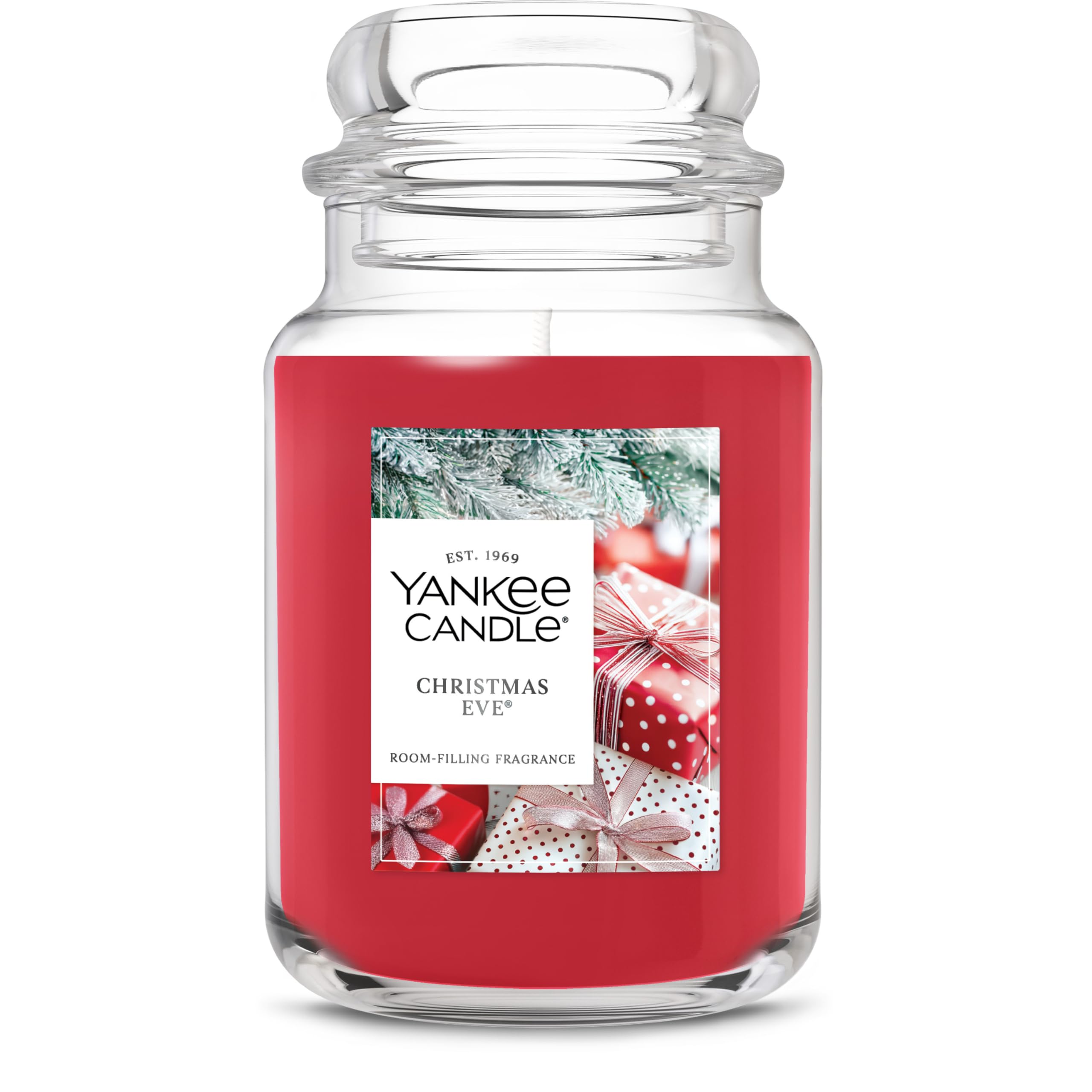 Yankee Candle front view showing jar and festive fragrance benefits