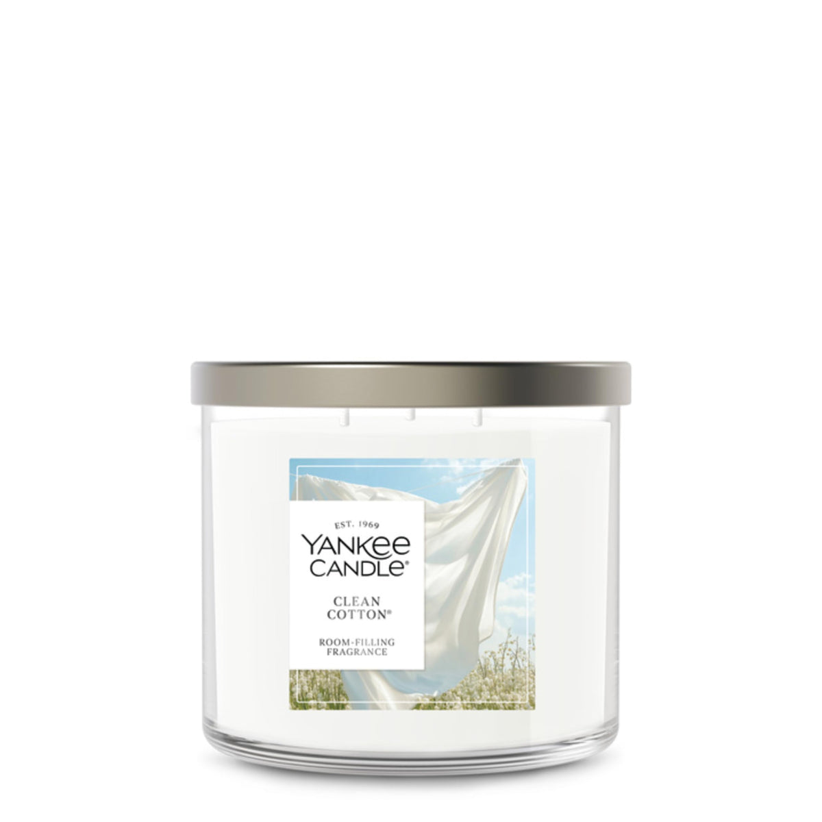 Yankee Candle Clean Cotton front jar view showing fresh linen scent and decor benefit
