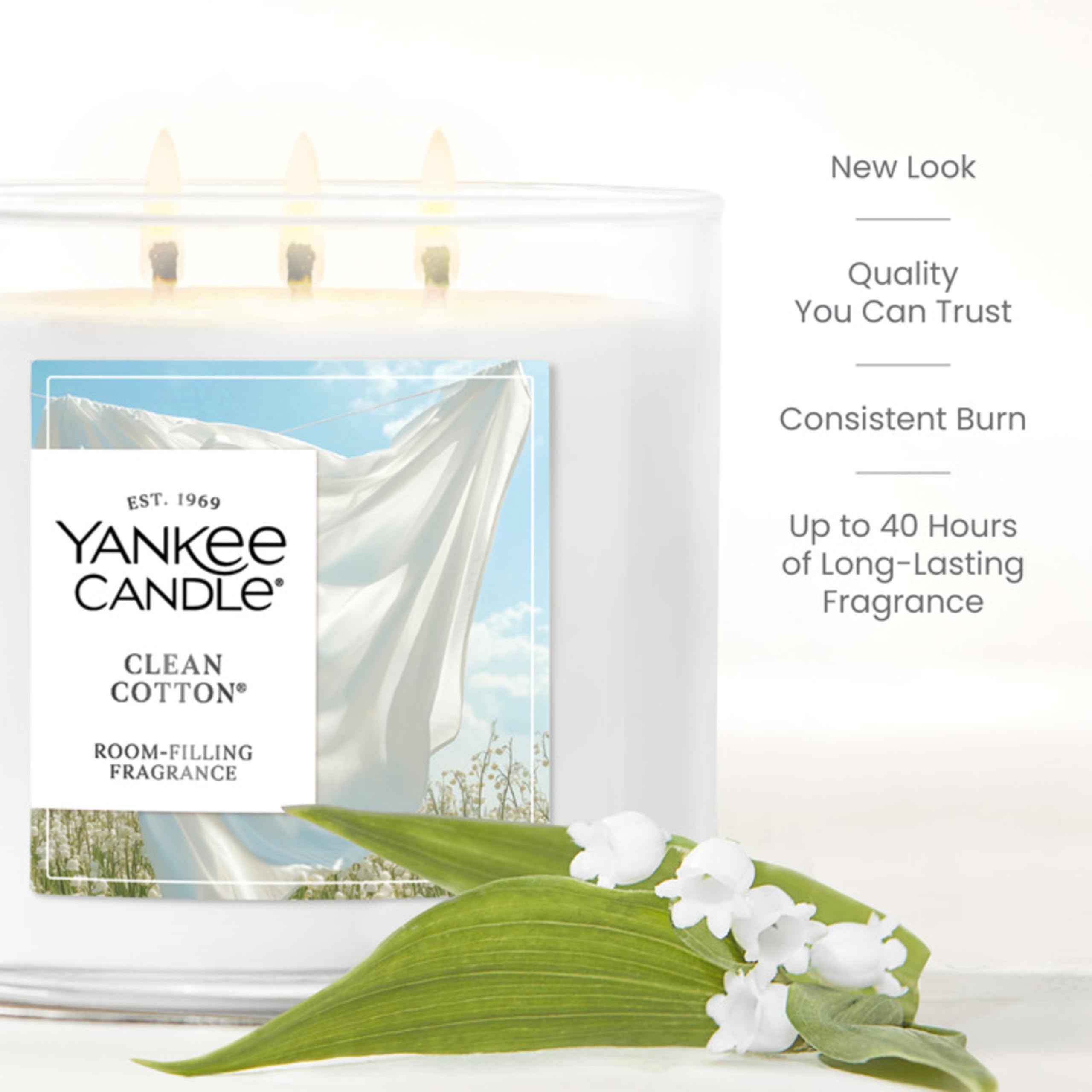 Yankee Candle Clean Cotton metal lid and label protecting wax and preserving scent