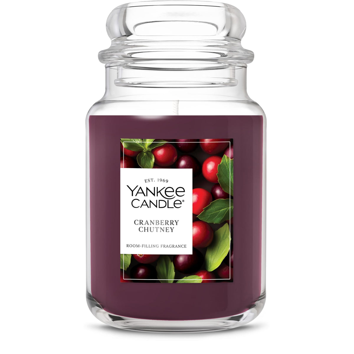 Yankee Candle front jar showing cranberry chutney scent and decorative glass benefit: elegant display