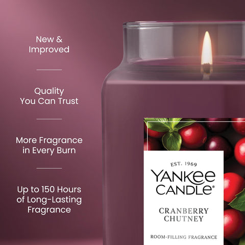 Yankee Candle label close-up highlighting cranberry chutney name and premium ingredients benefit