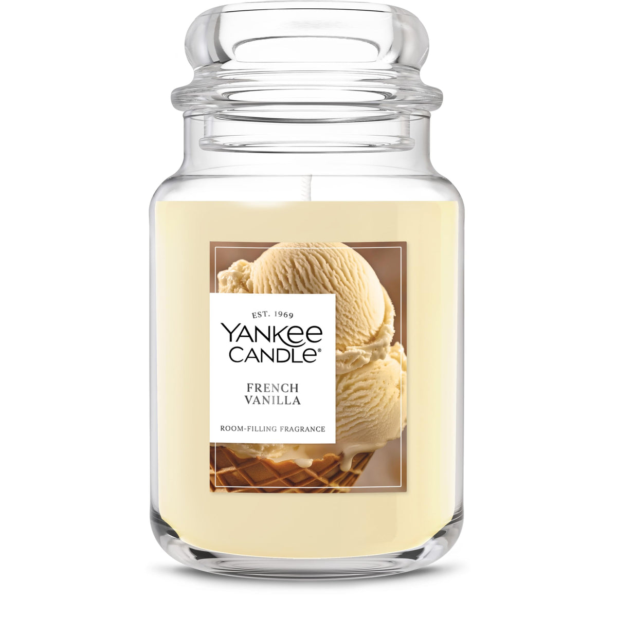 Yankee Candle French Vanilla front packaging showing jar and label, clear gift presentation