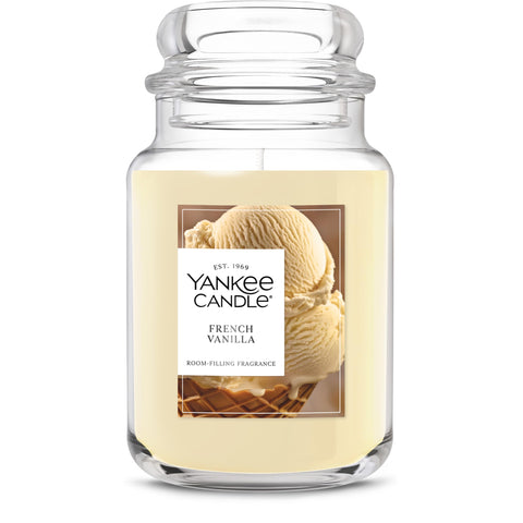 Yankee Candle French Vanilla front packaging showing jar and label, clear gift presentation