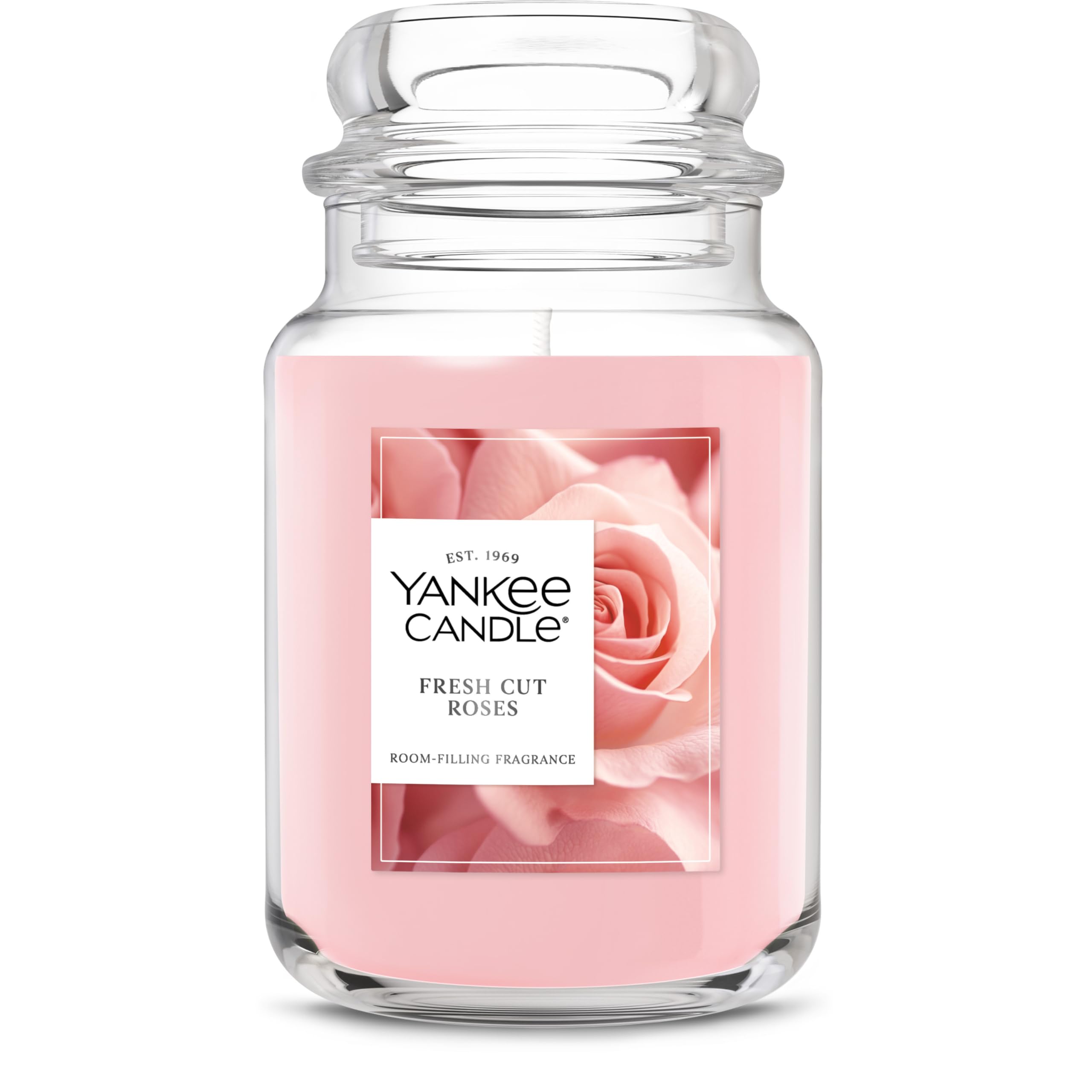 Yankee Candle front view of Fresh Cut Roses jar showing elegant label and jar benefit of gift-ready presentation