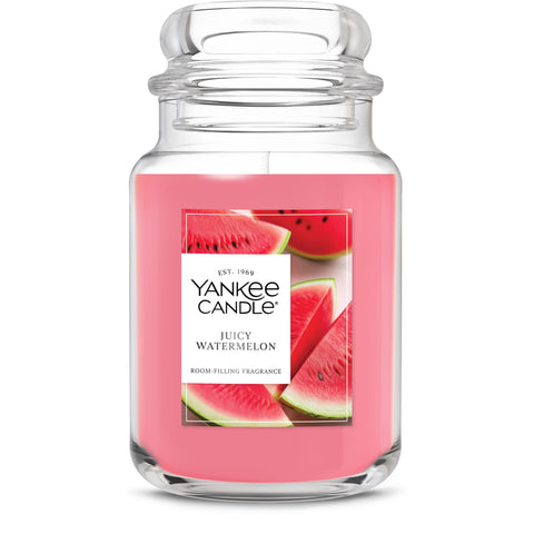 Yankee Candle front jar view showing label and bright watermelon scent benefit